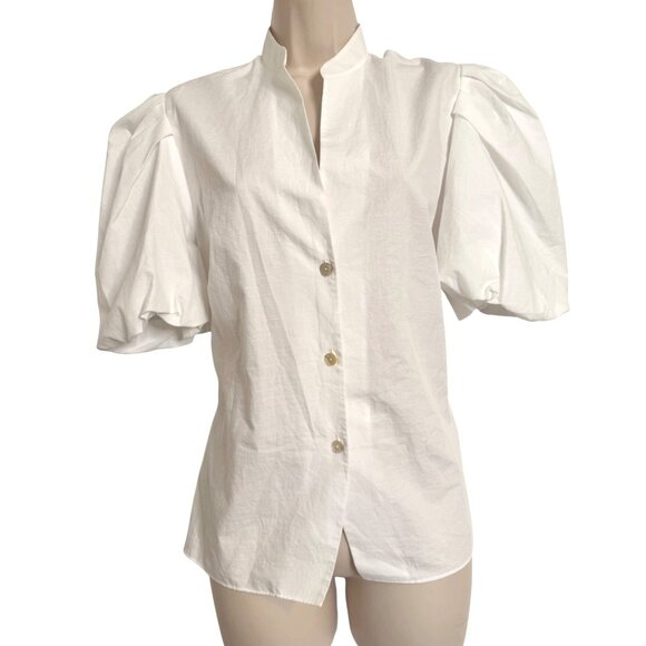 Vince Draped Puff Sleeve Blouse Size 10 Cut Out Back Button Up NWT Cotton Short - Picture 10 of 14